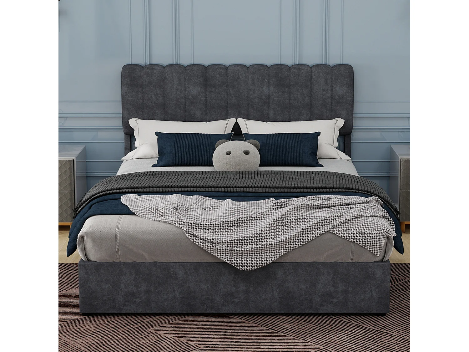 Opbergbed voor volwassenen 160x200cm - Gestoffeerd bed in grijs fluweel (matras niet inbegrepen)