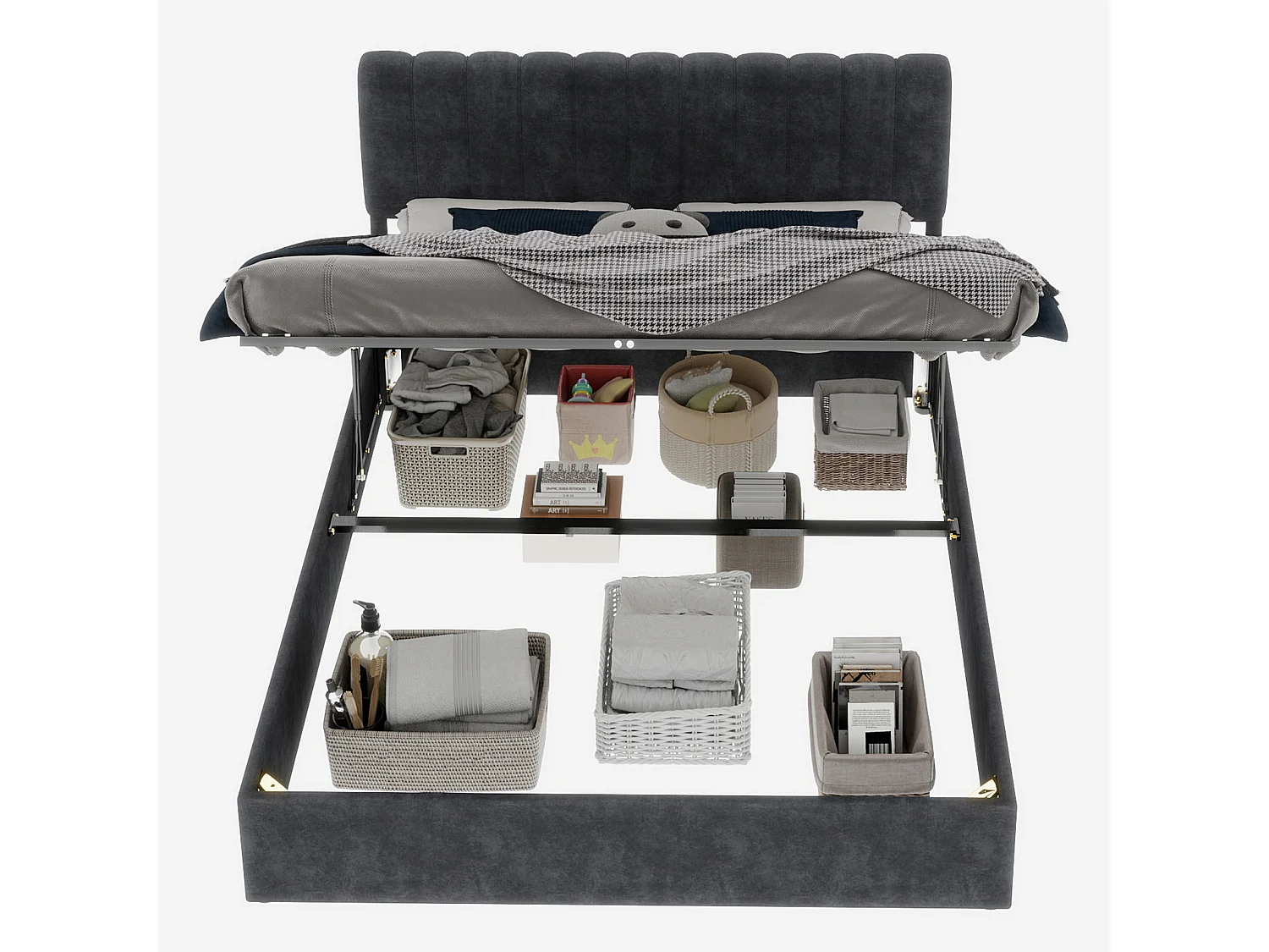 Opbergbed voor volwassenen 160x200cm - Gestoffeerd bed in grijs fluweel (matras niet inbegrepen)