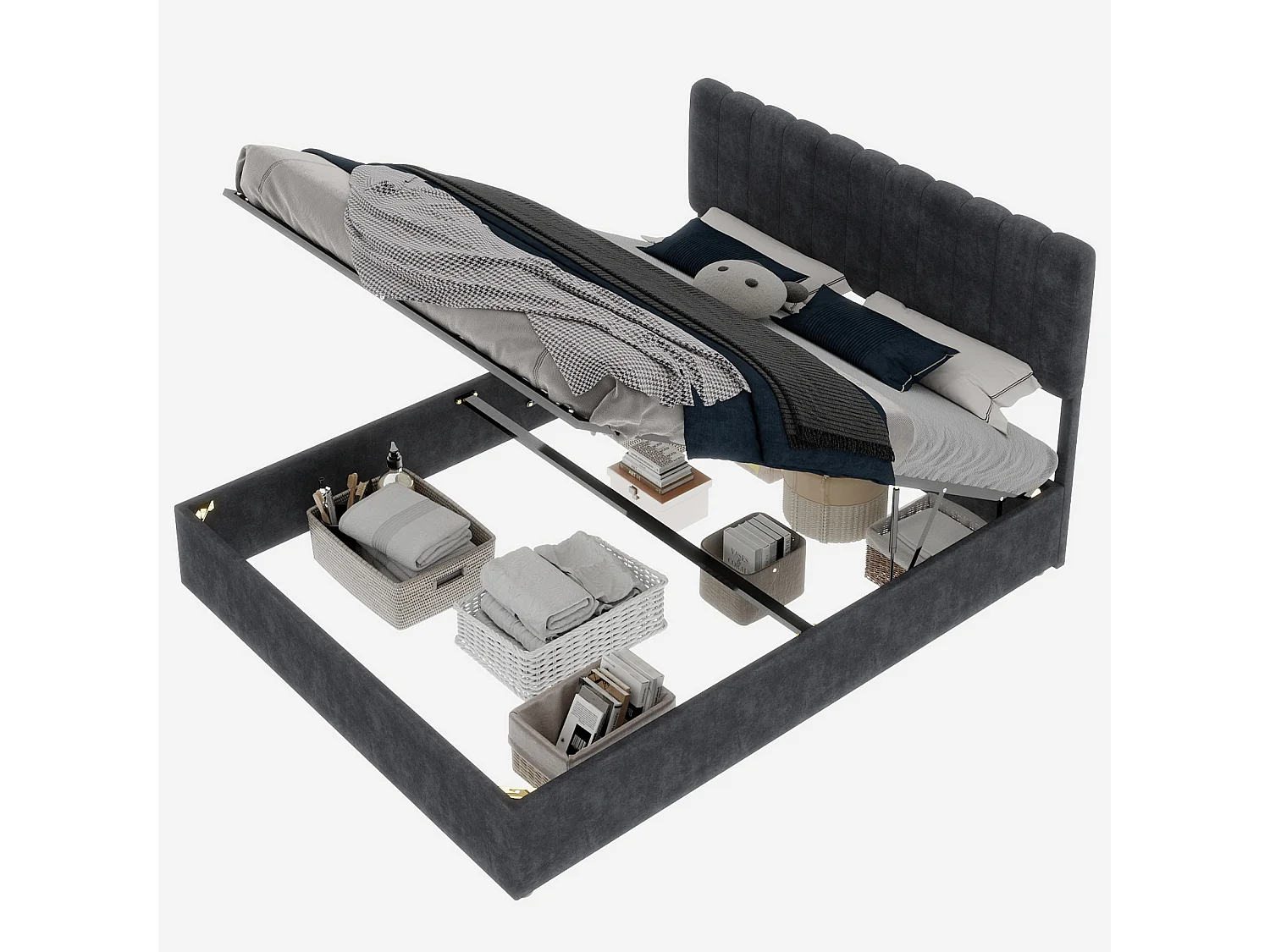 Opbergbed voor volwassenen 160x200cm - Gestoffeerd bed in grijs fluweel (matras niet inbegrepen)