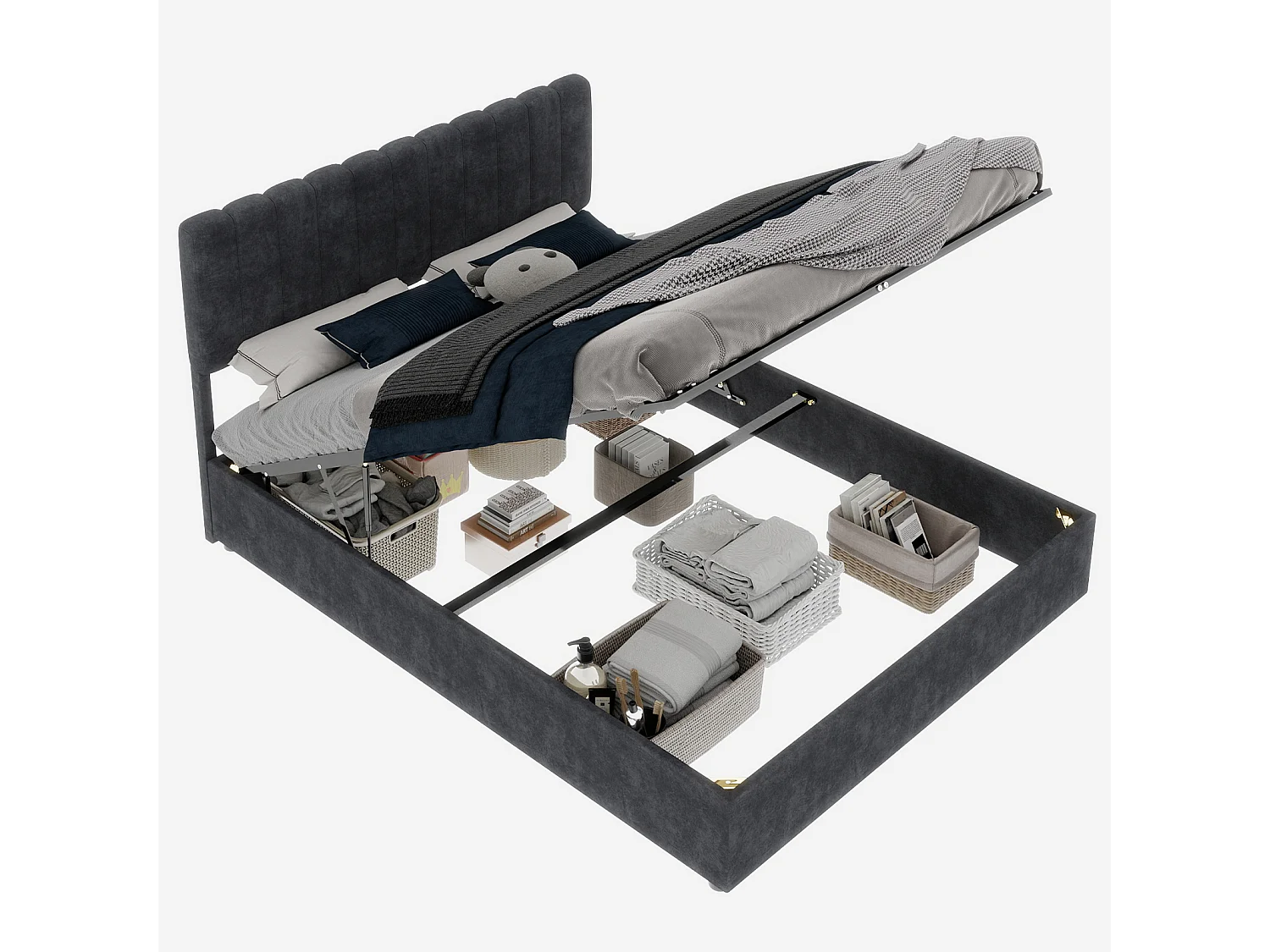 Opbergbed voor volwassenen 160x200cm - Gestoffeerd bed in grijs fluweel (matras niet inbegrepen)