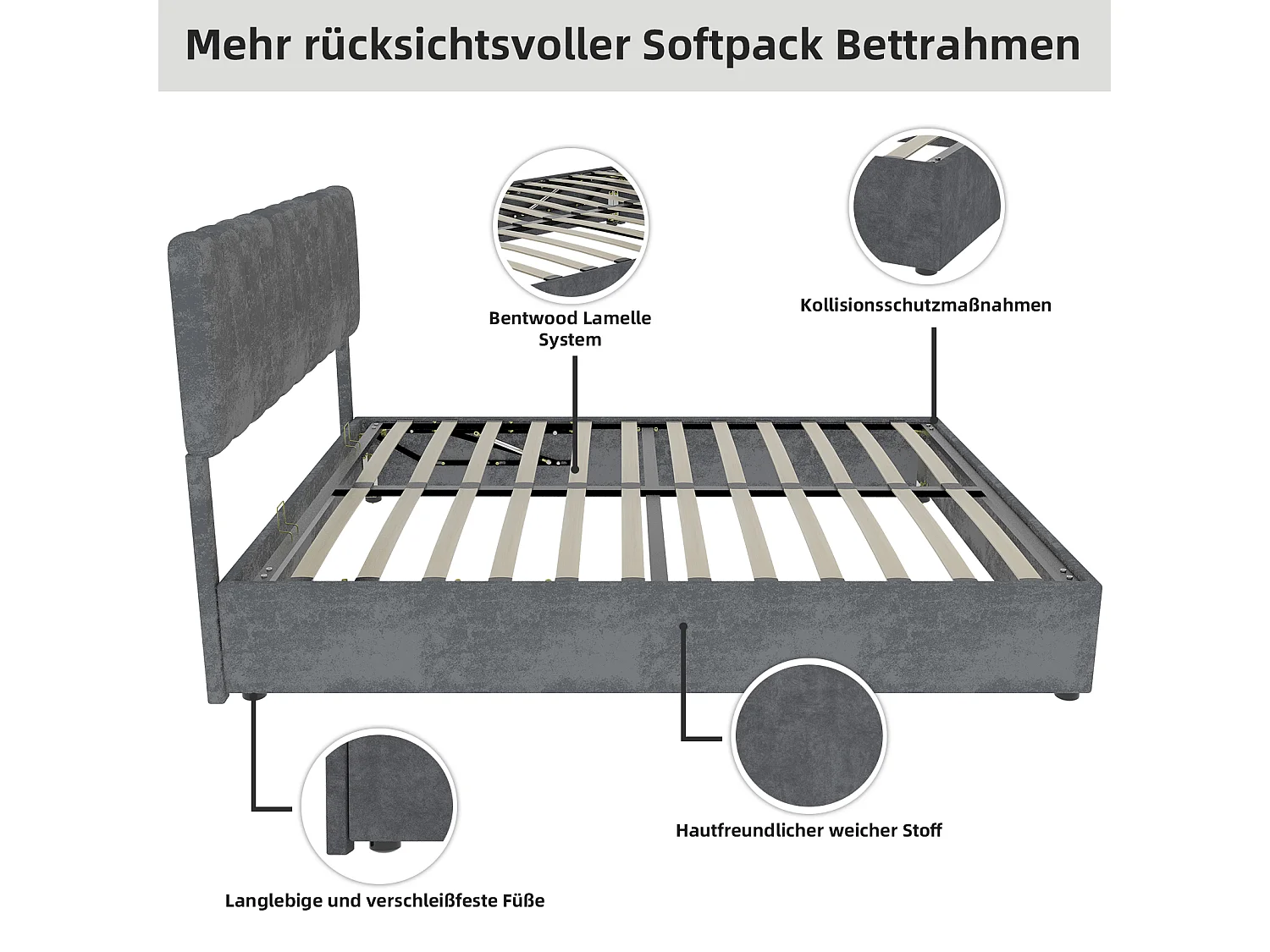 Opbergbed voor volwassenen 160x200cm - Gestoffeerd bed in grijs fluweel (matras niet inbegrepen)