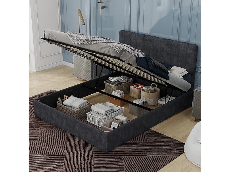 Opbergbed voor volwassenen 160x200cm - Gestoffeerd bed in grijs fluweel (matras niet inbegrepen)