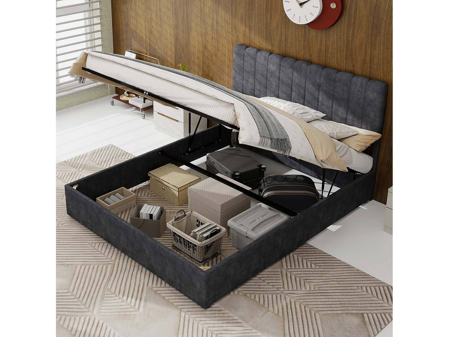 Opbergbed voor volwassenen 140x200cm - Gestoffeerd bed in grijs fluweel (matras niet inbegrepen)