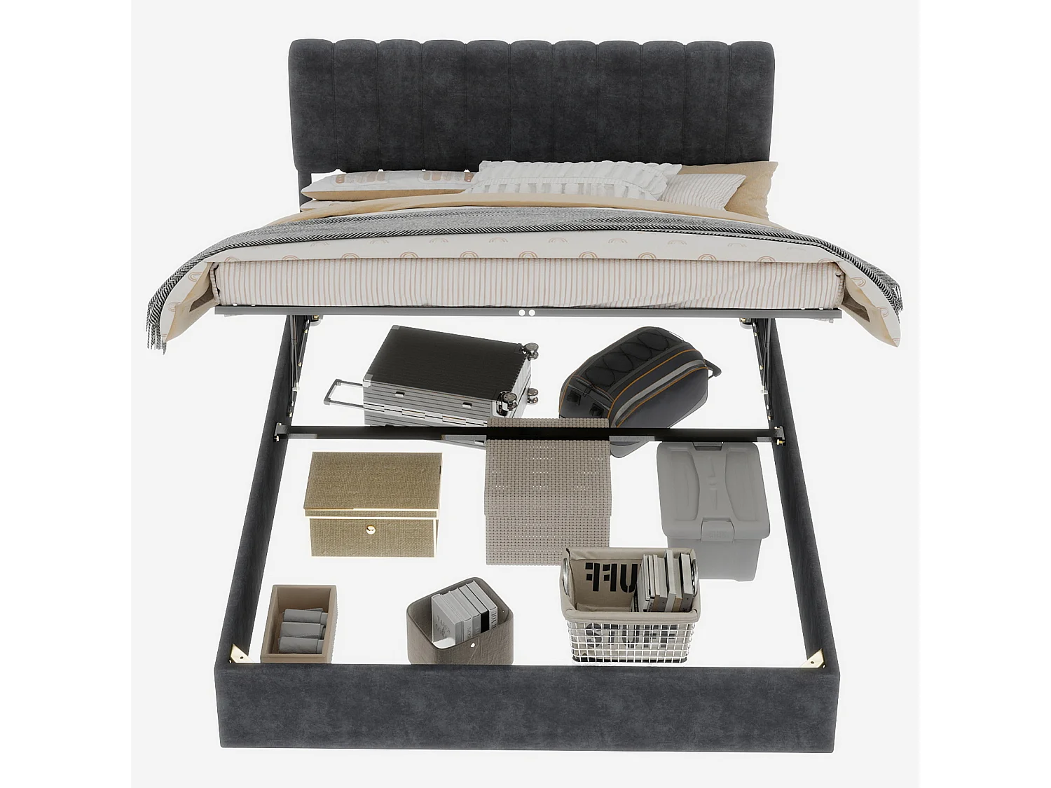 Opbergbed voor volwassenen 140x200cm - Gestoffeerd bed in grijs fluweel (matras niet inbegrepen)