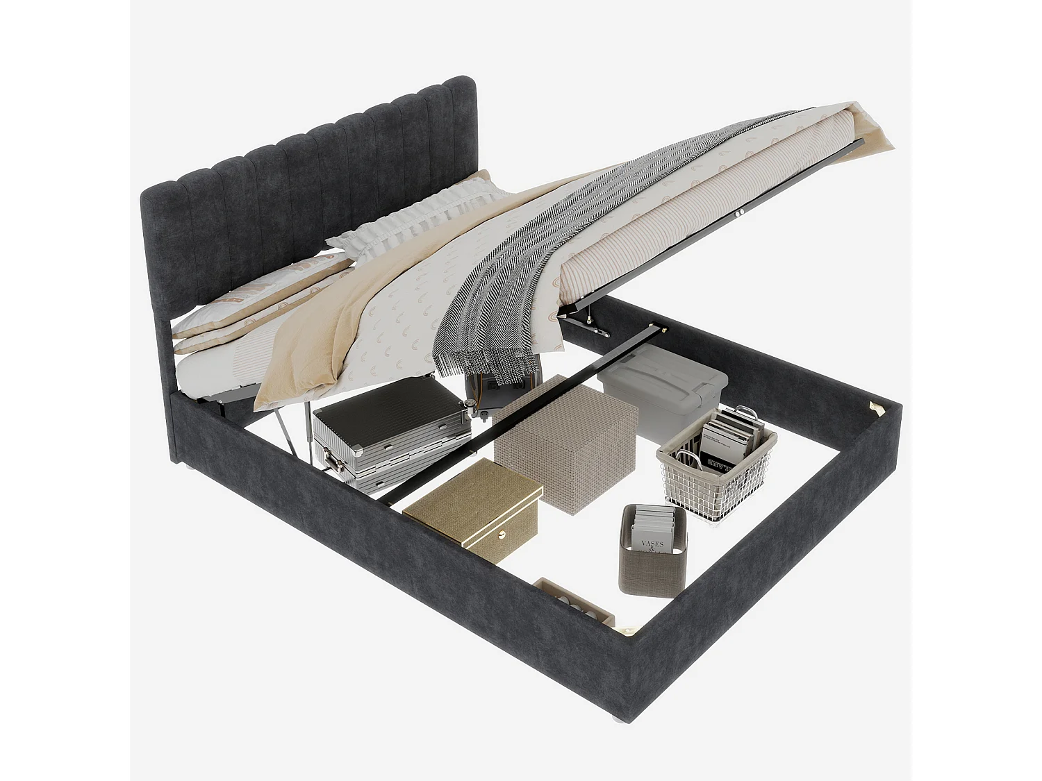Opbergbed voor volwassenen 140x200cm - Gestoffeerd bed in grijs fluweel (matras niet inbegrepen)