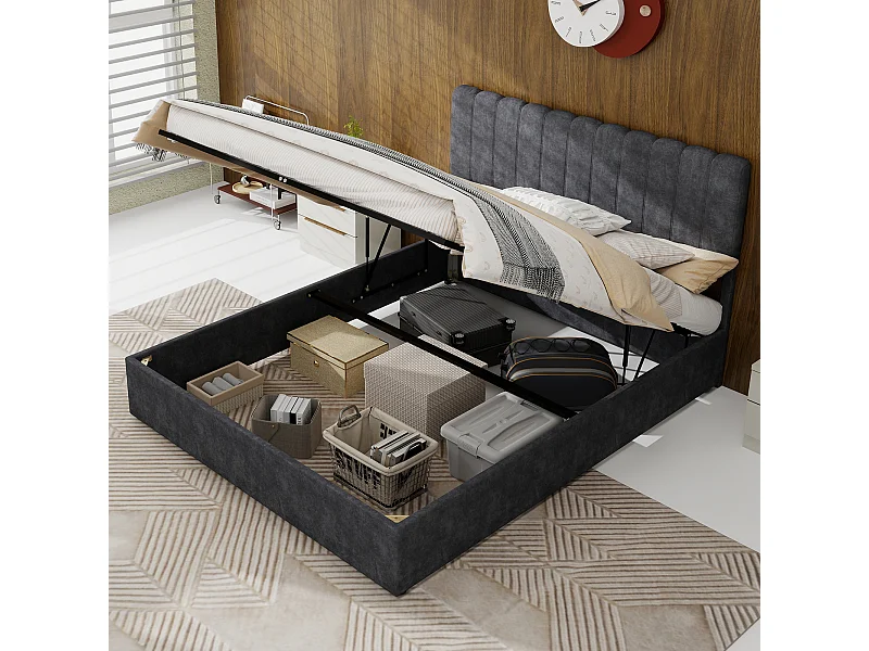 Opbergbed voor volwassenen 140x200cm - Gestoffeerd bed in grijs fluweel (matras niet inbegrepen)