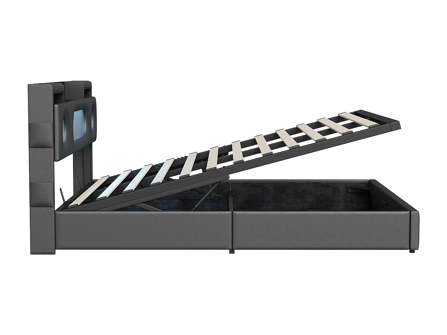 Lit double 160x200cm avec éclairage LED - tête de lit avec rangement et port USB - lit coffre hydraulique - PU - noir