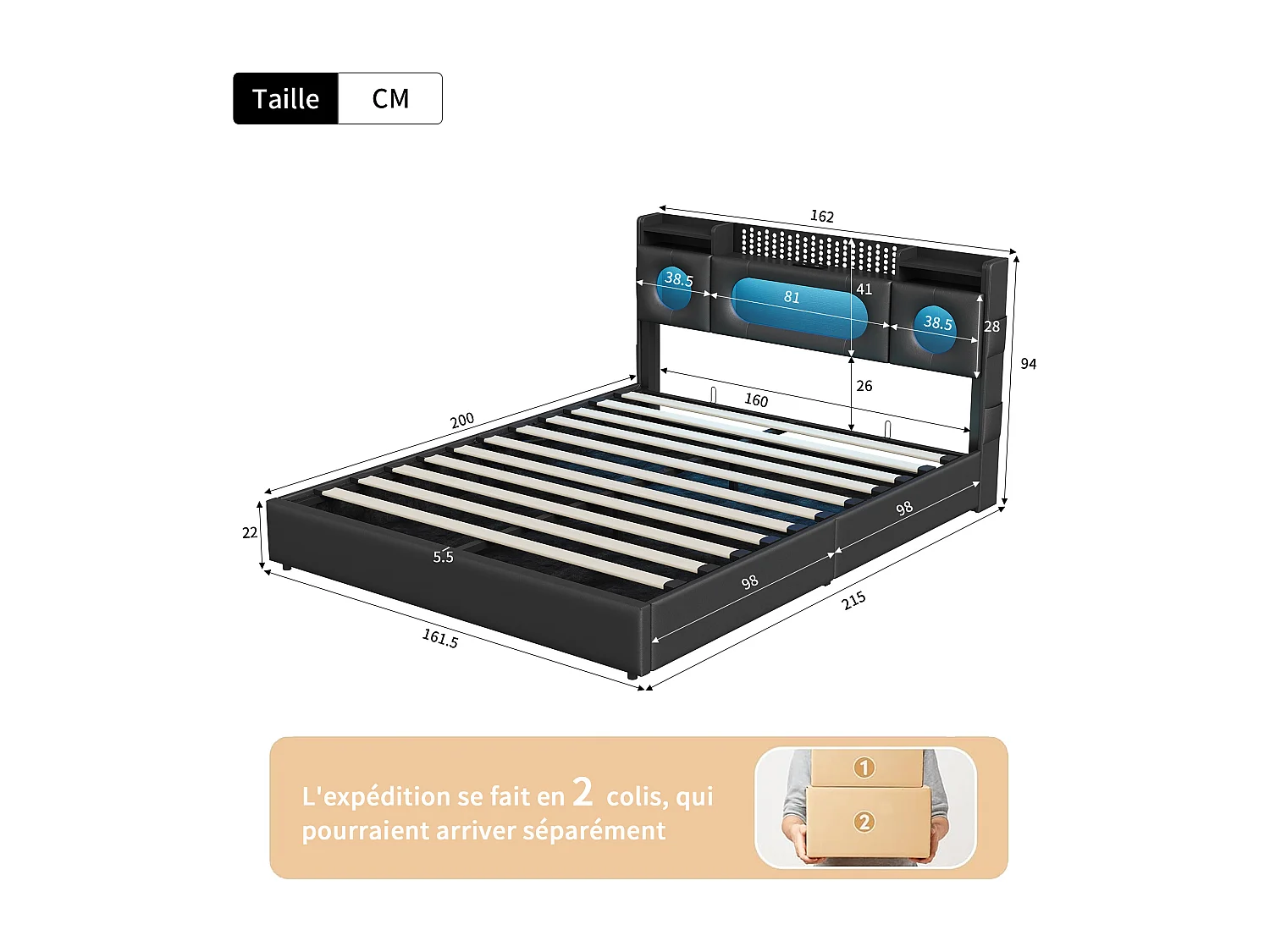 Lit double 160x200cm avec éclairage LED - tête de lit avec rangement et port USB - lit coffre hydraulique - PU - noir