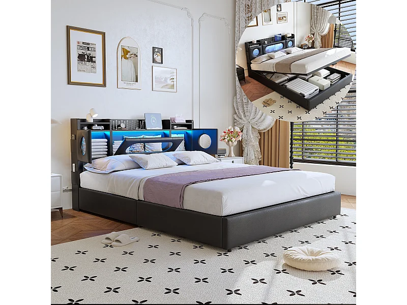 Lit double 160x200cm avec éclairage LED - tête de lit avec rangement et port USB - lit coffre hydraulique - PU - noir