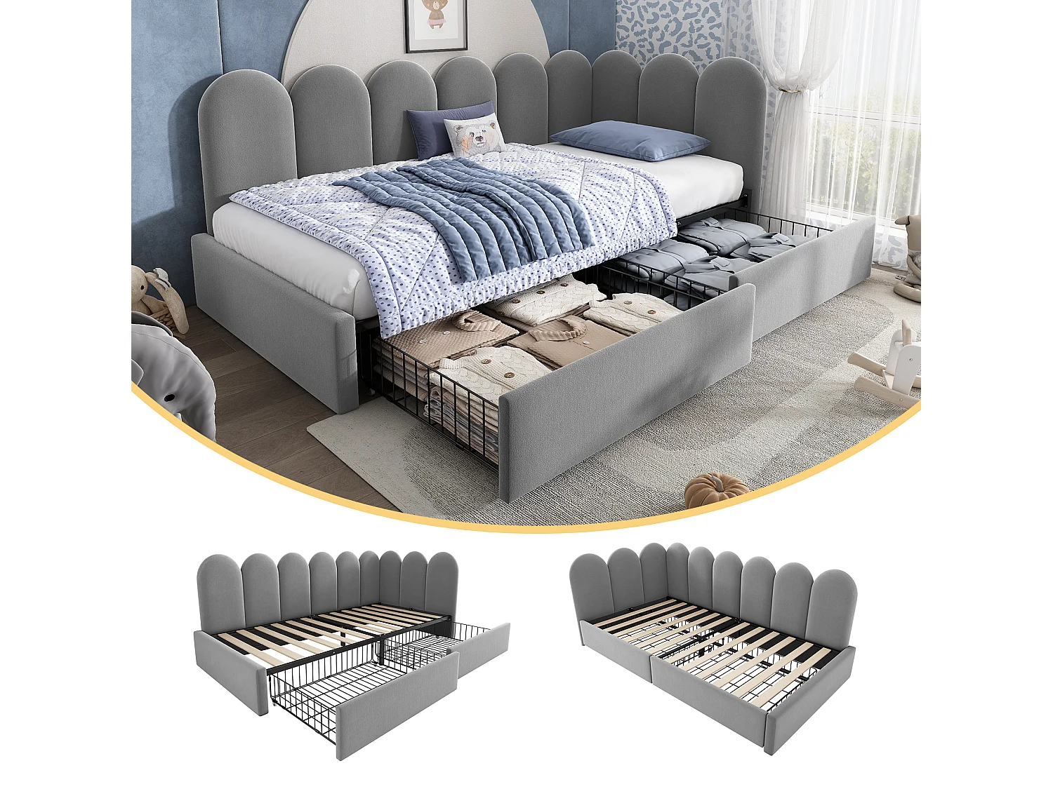 Lit coffre capitonné pour enfant - 90 x 200 cm - avec 2 tiroirs +  sommier à lattes - canapé-lit - velours - gris