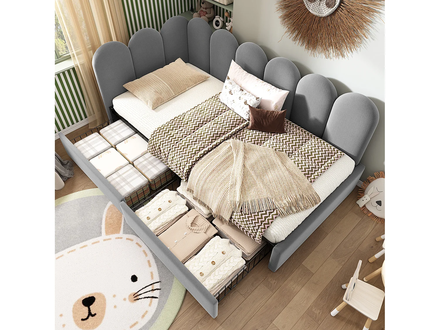 Lit coffre capitonné pour enfant - 90 x 200 cm - avec 2 tiroirs +  sommier à lattes - canapé-lit - velours - gris