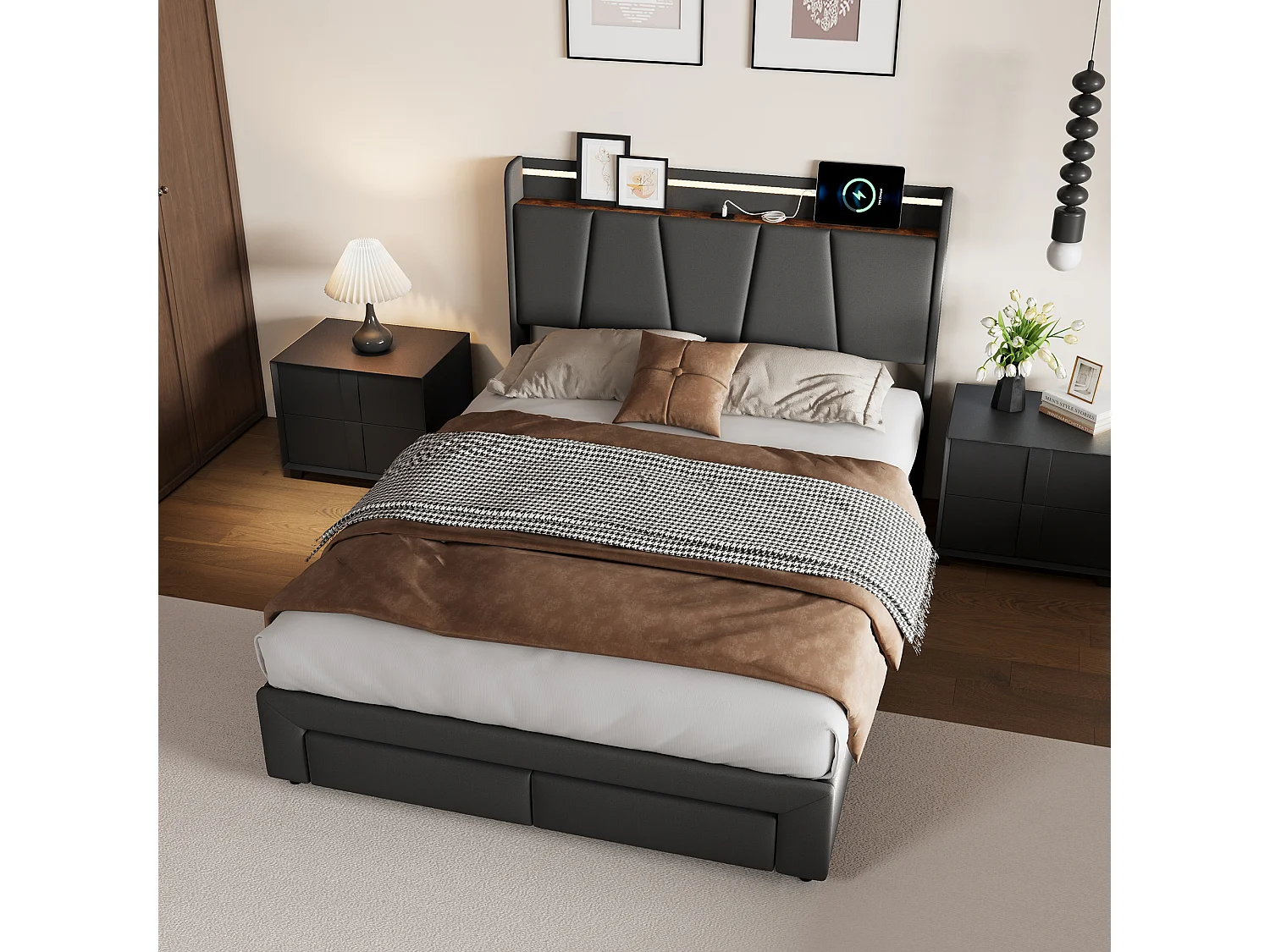 Tweepersoonsbed 160x200cm met ledverlichting en USB-poorten - hydraulisch opbergvak en 2 lades - linnengoed - grijs