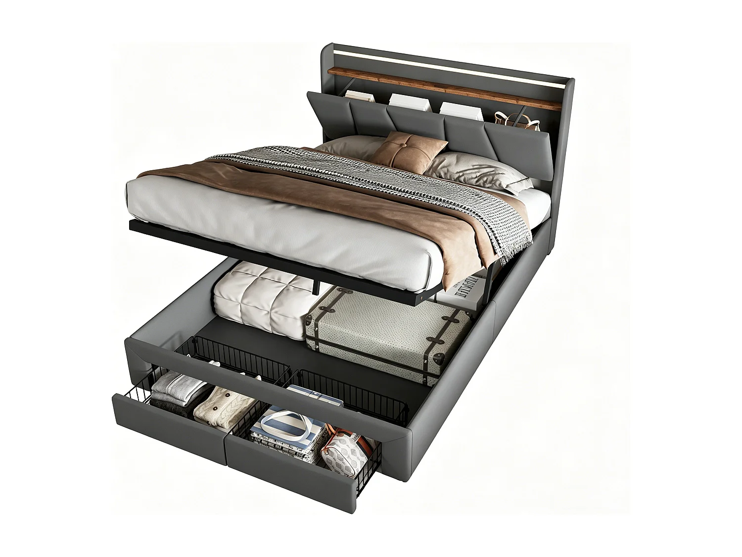 Tweepersoonsbed 160x200cm met ledverlichting en USB-poorten - hydraulisch opbergvak en 2 lades - linnengoed - grijs