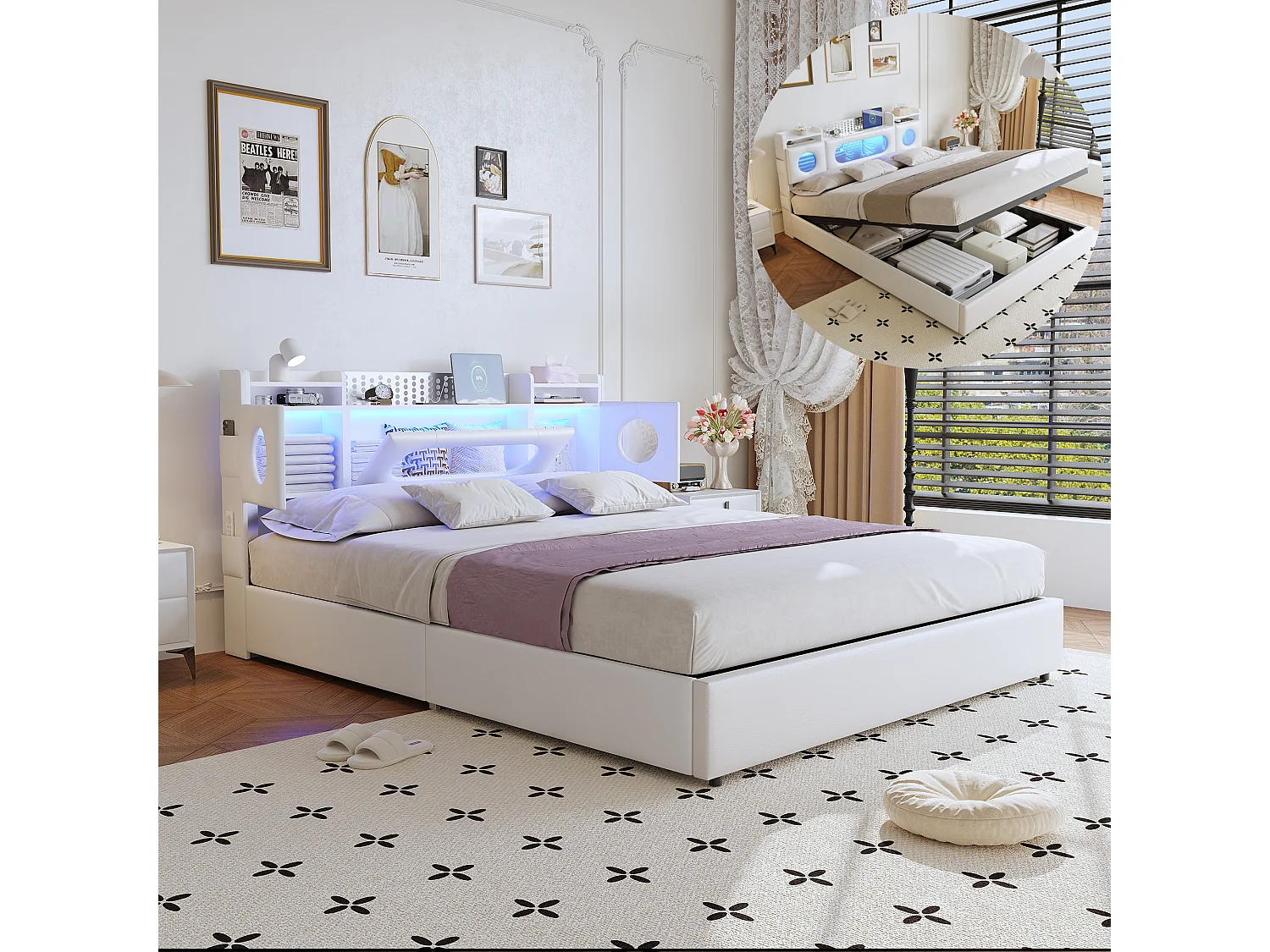 Lit double 160x200cm avec éclairage LED - tête de lit avec rangement et port USB - lit coffre hydraulique - PU - blanc