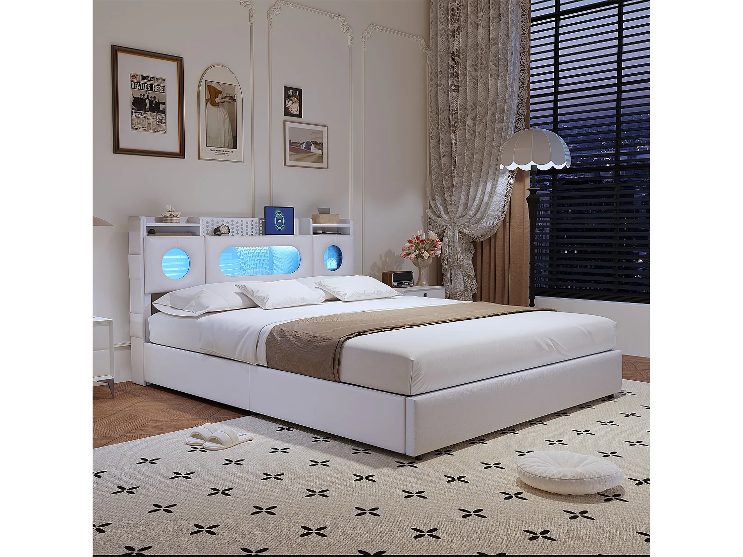 Lit double 160x200cm avec éclairage LED - tête de lit avec rangement et port USB - lit coffre hydraulique - PU - blanc