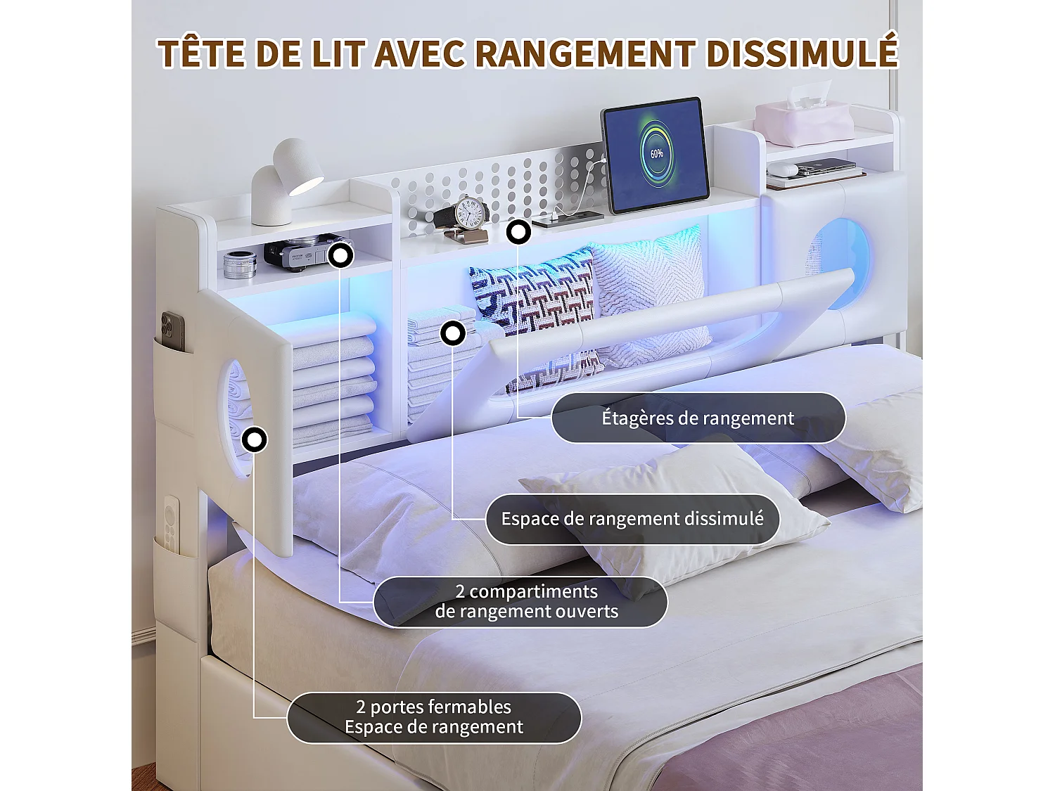 Lit double 160x200cm avec éclairage LED - tête de lit avec rangement et port USB - lit coffre hydraulique - PU - blanc