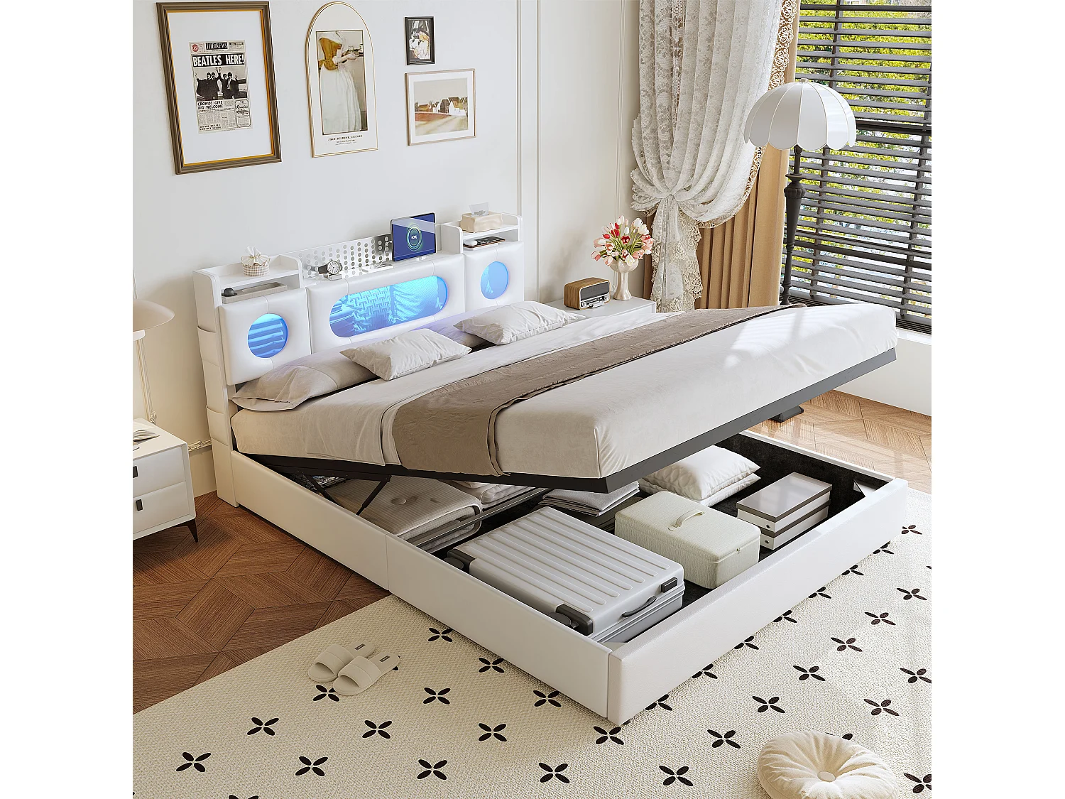 Lit double 160x200cm avec éclairage LED - tête de lit avec rangement et port USB - lit coffre hydraulique - PU - blanc