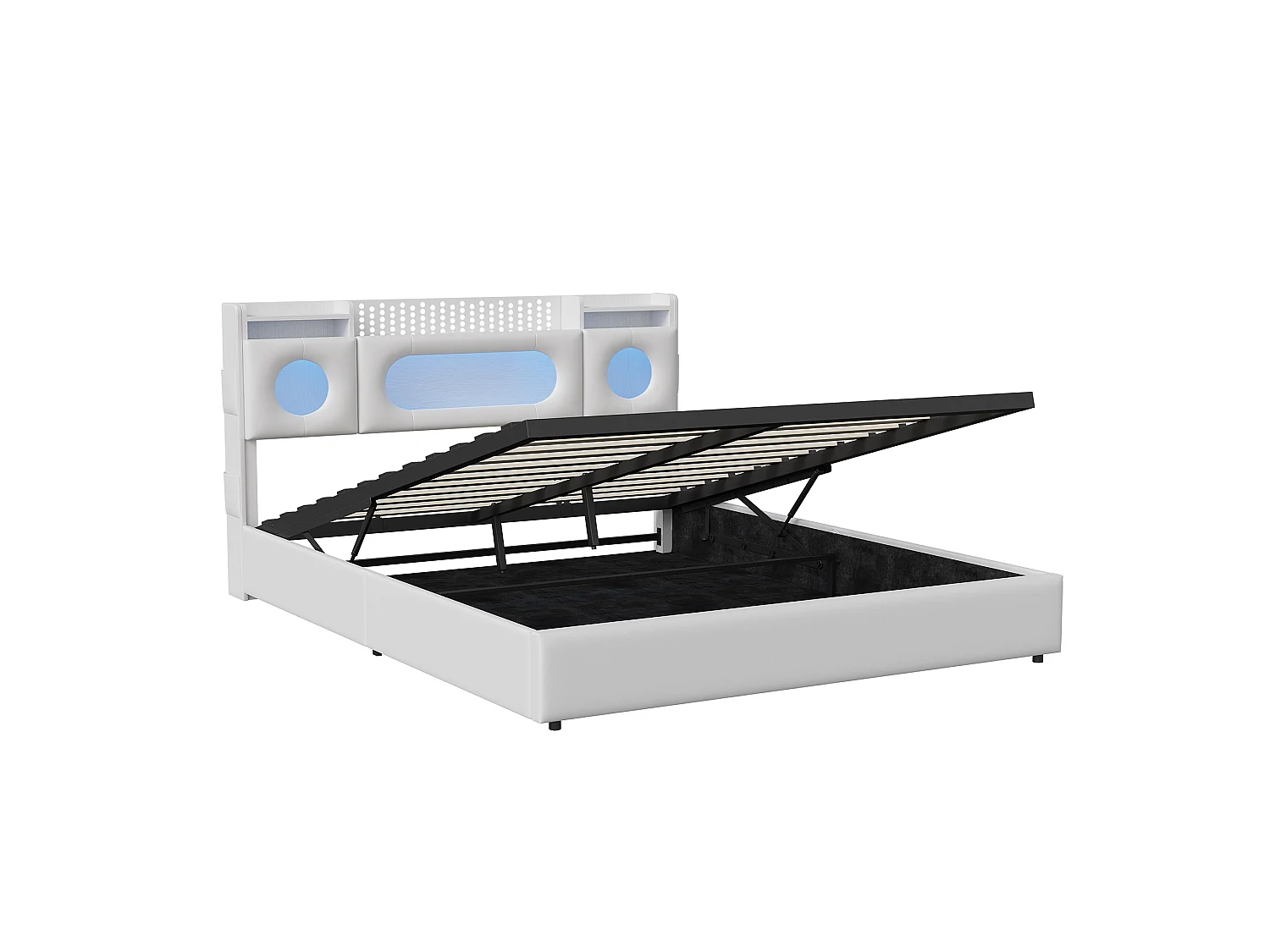 Lit double 160x200cm avec éclairage LED - tête de lit avec rangement et port USB - lit coffre hydraulique - PU - blanc