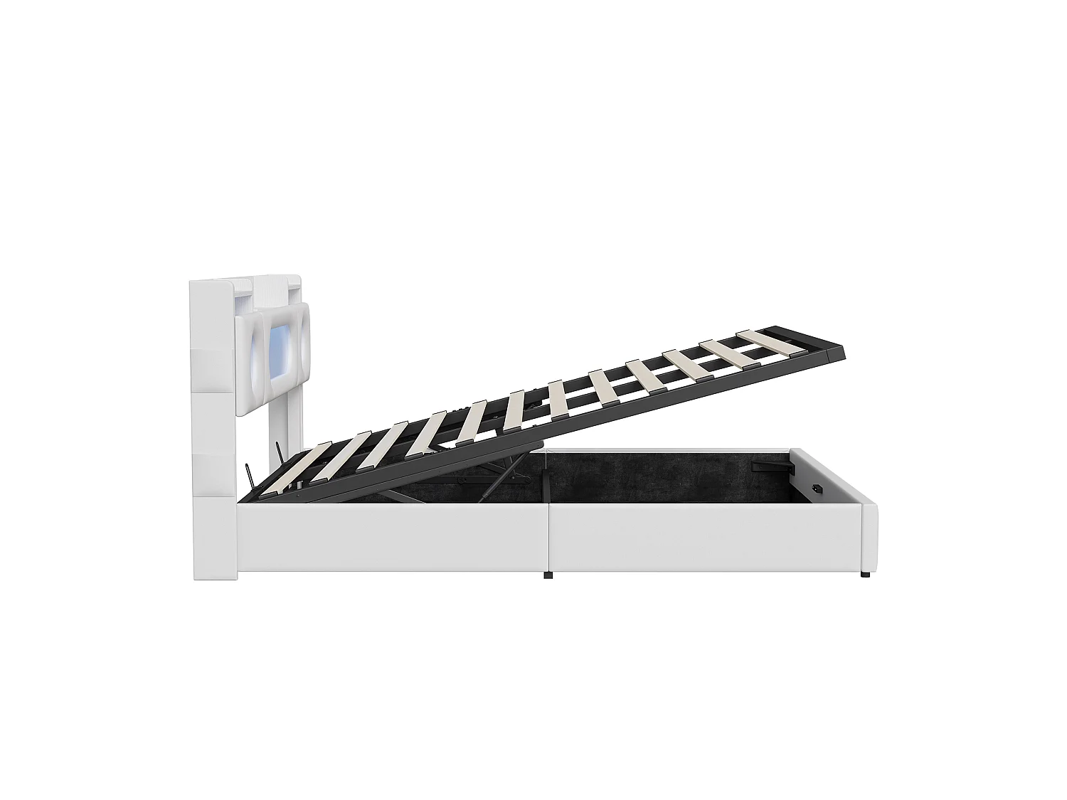 Lit double 160x200cm avec éclairage LED - tête de lit avec rangement et port USB - lit coffre hydraulique - PU - blanc