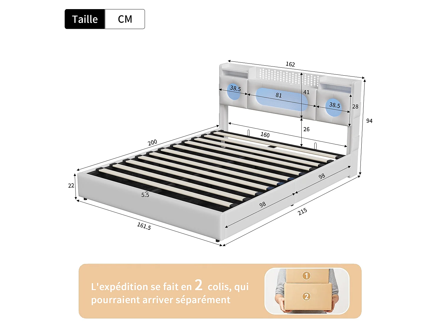 Lit double 160x200cm avec éclairage LED - tête de lit avec rangement et port USB - lit coffre hydraulique - PU - blanc