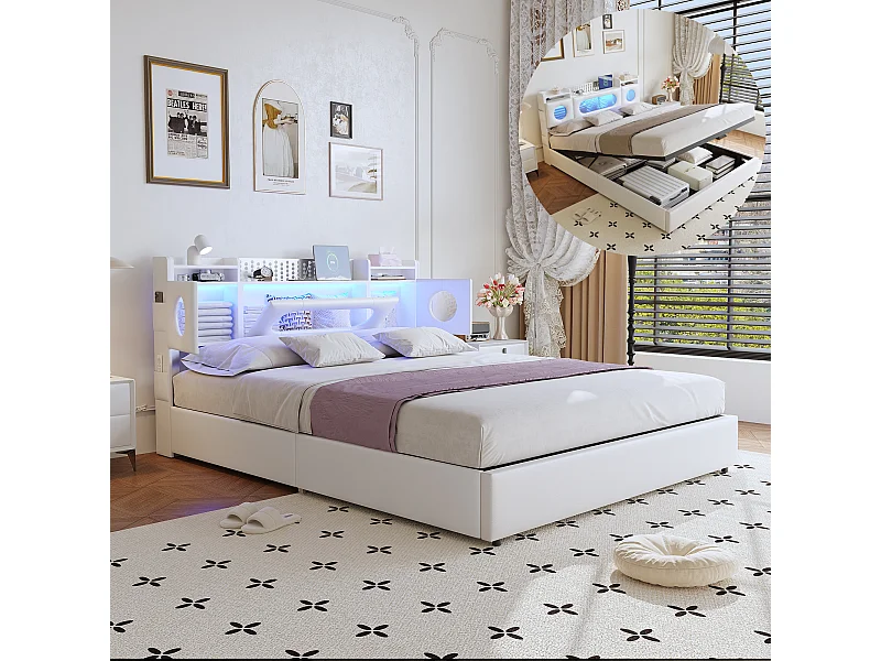 Lit double 160x200cm avec éclairage LED - tête de lit avec rangement et port USB - lit coffre hydraulique - PU - blanc