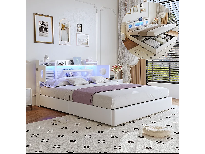 Lit double 160x200cm avec éclairage LED - tête de lit avec rangement et port USB - lit coffre hydraulique - PU - blanc