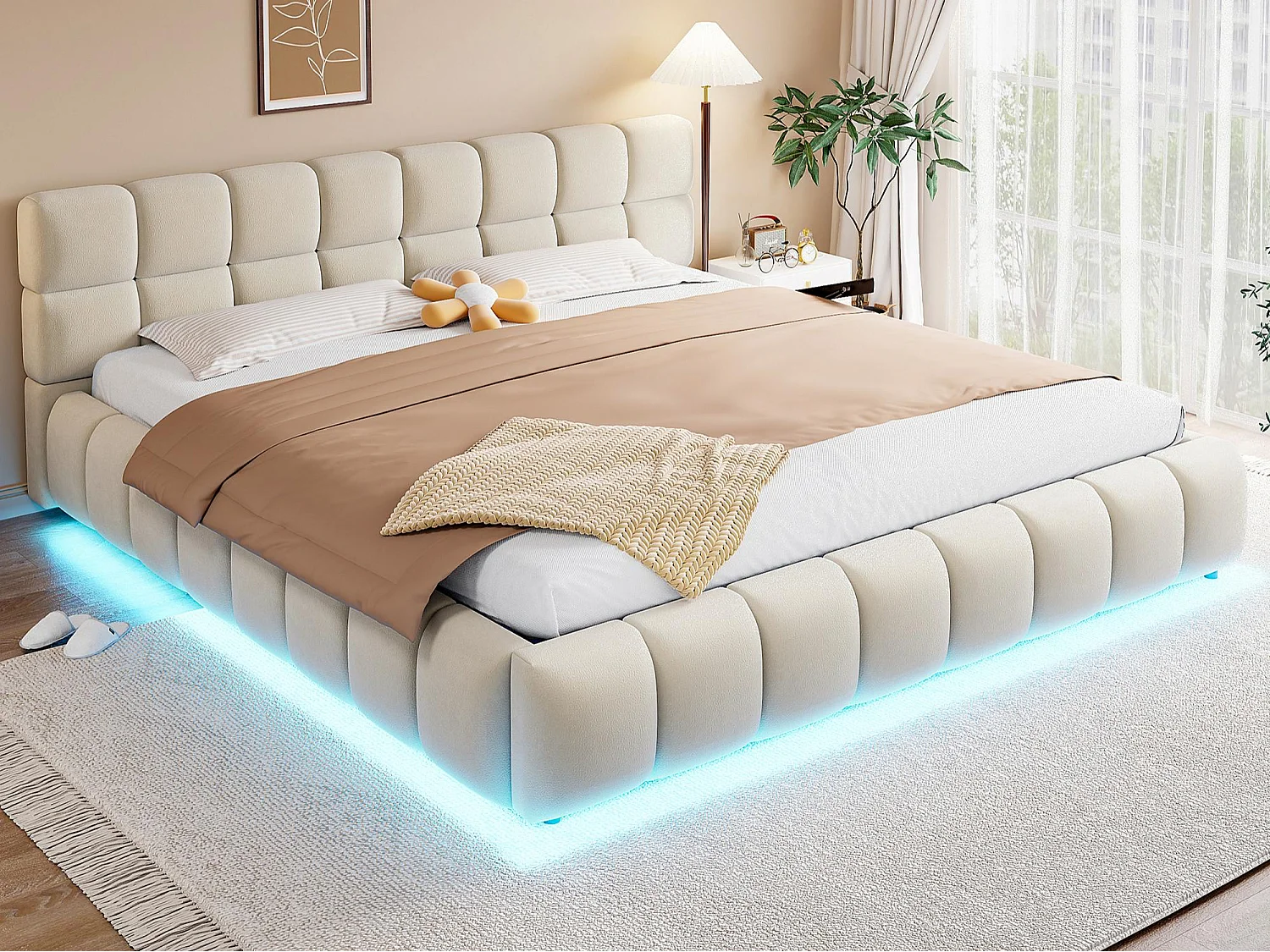 Lit coffre capitonné 180x200 cm - avec éclairage LED - Tissu velours - beige (Matelas non inclus)