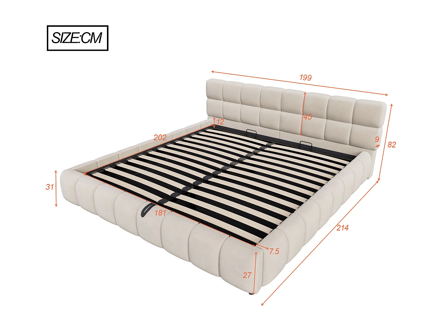 Lit coffre capitonné 180x200 cm - avec éclairage LED - Tissu velours - beige (Matelas non inclus)