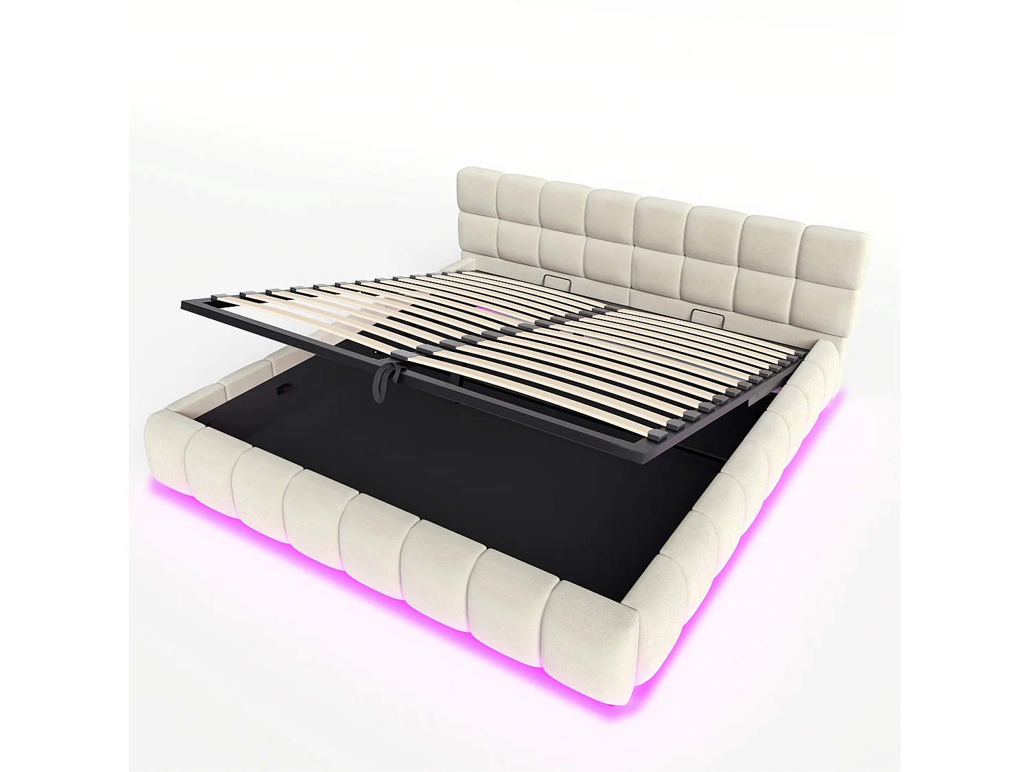 Lit coffre capitonné 180x200 cm - avec éclairage LED - Tissu velours - beige (Matelas non inclus)