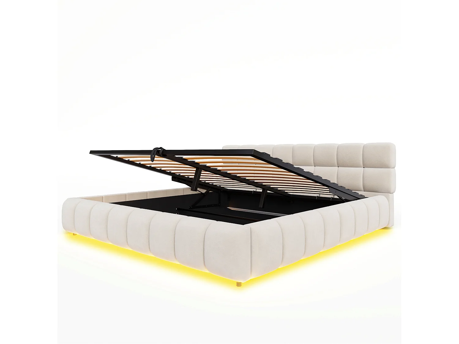 Lit coffre capitonné 180x200 cm - avec éclairage LED - Tissu velours - beige (Matelas non inclus)