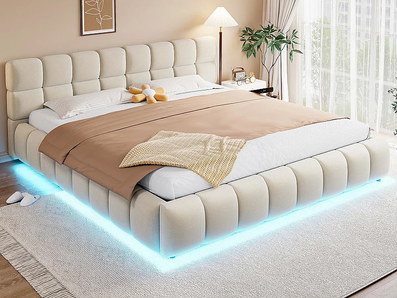 Lit coffre capitonné 180x200 cm - avec éclairage LED - Tissu velours - beige (Matelas non inclus)