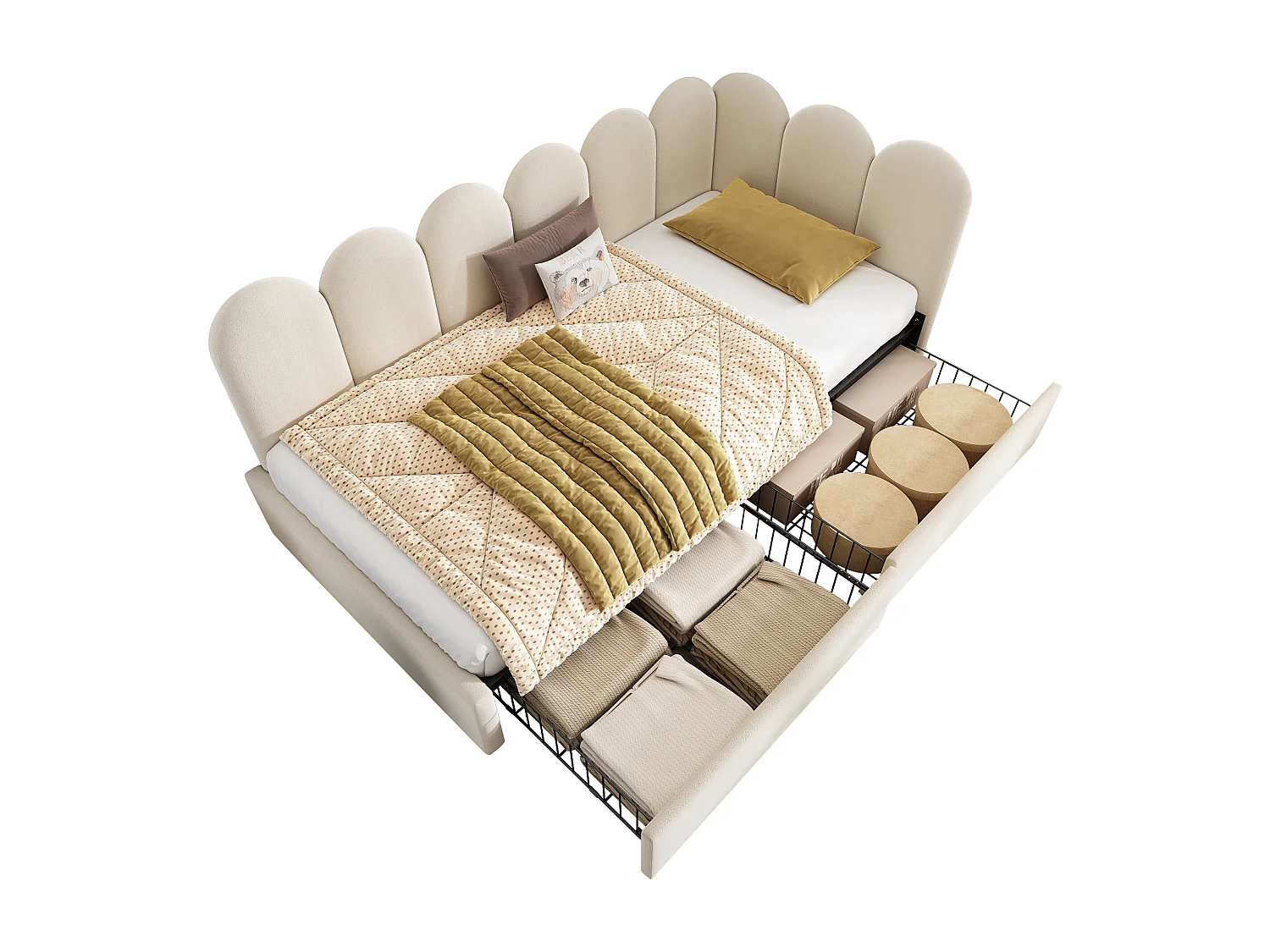 Lit coffre capitonné pour enfant - 90 x 200 cm - avec 2 tiroirs +  sommier à lattes - canapé-lit - velours - beige