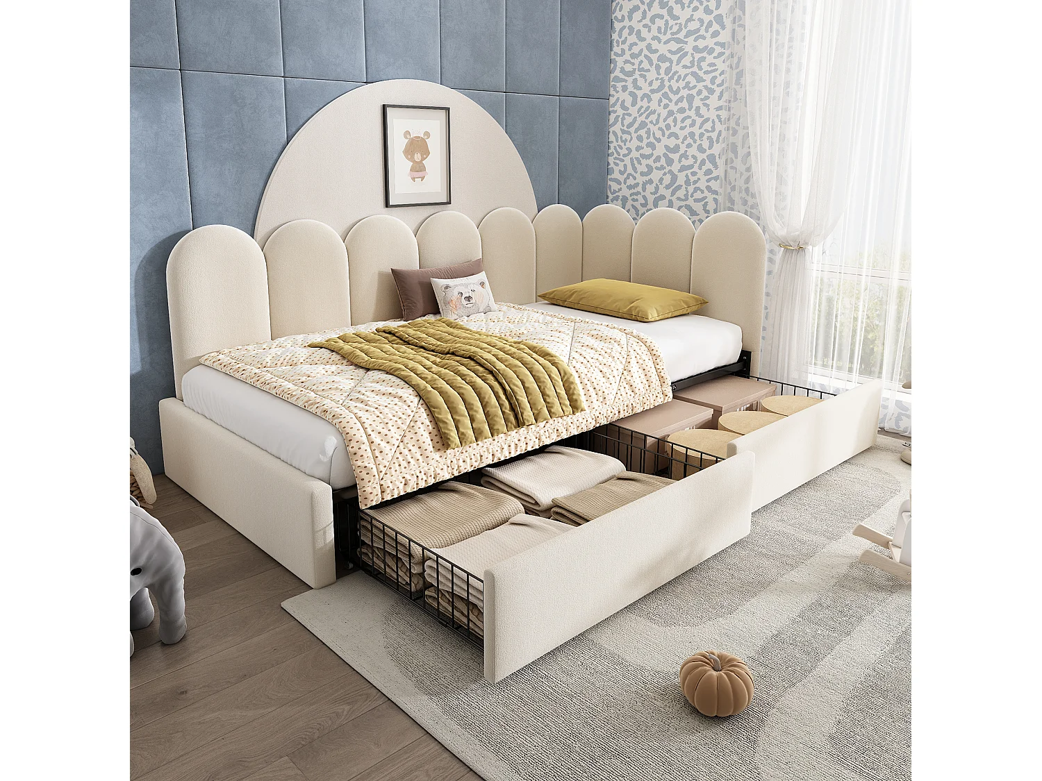 Lit coffre capitonné pour enfant - 90 x 200 cm - avec 2 tiroirs +  sommier à lattes - canapé-lit - velours - beige