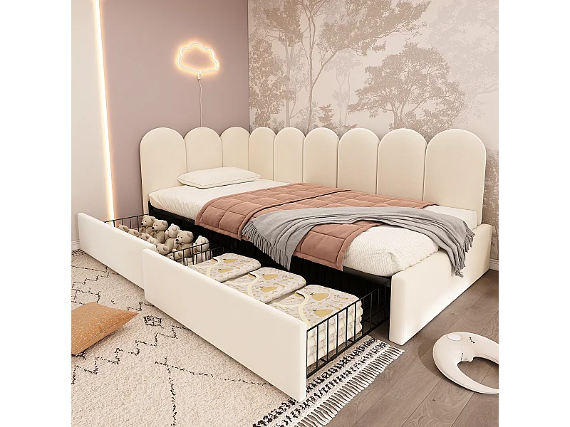 Lit coffre capitonné pour enfant - 90 x 200 cm - avec 2 tiroirs +  sommier à lattes - canapé-lit - velours - beige