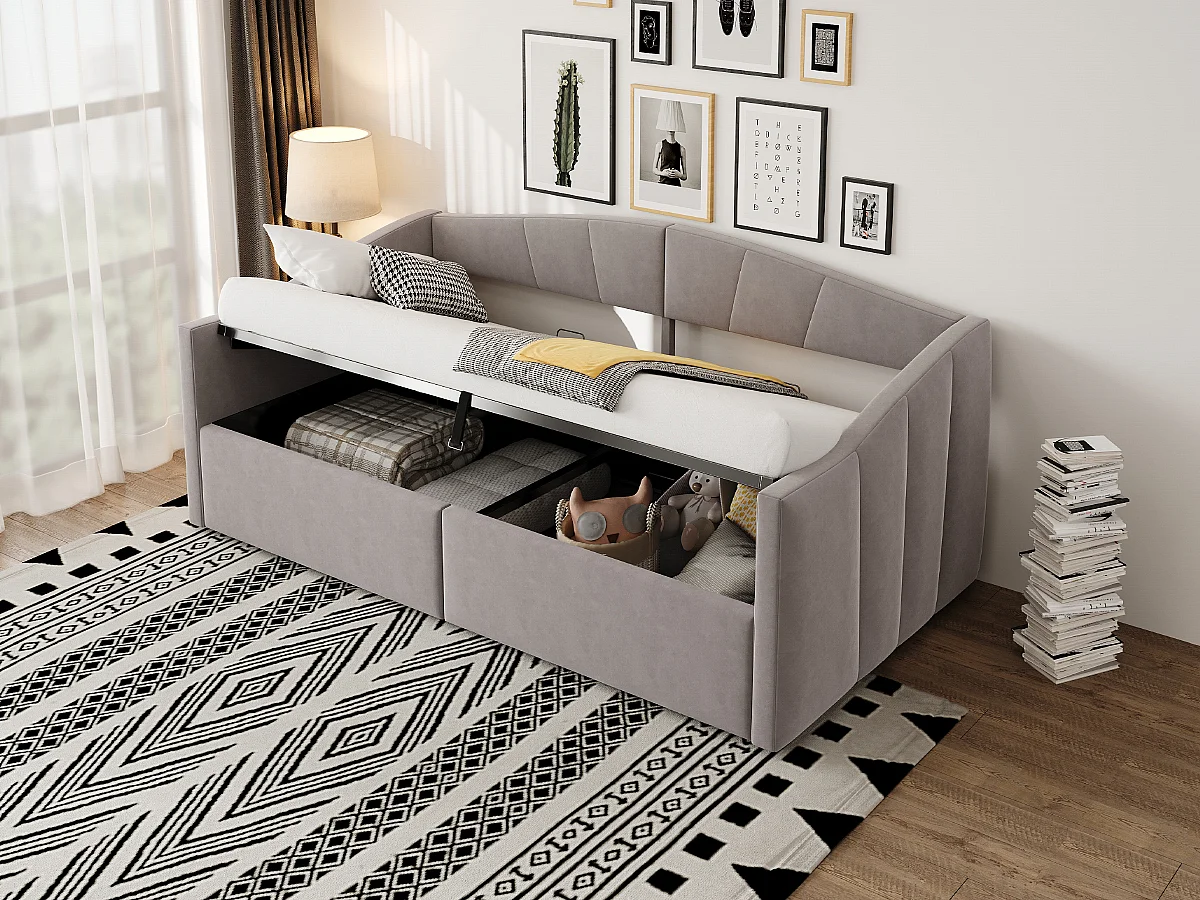 Eenpersoons opbergbed 90x200cm in lichtgrijs fluweel - Dagbed met armleuningen