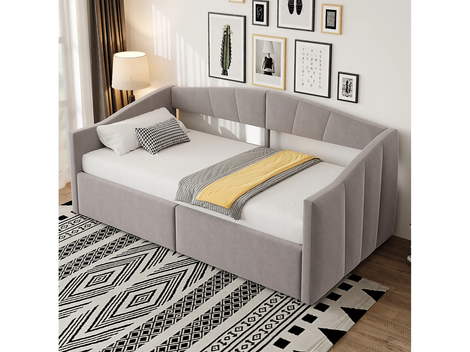 Eenpersoons opbergbed 90x200cm in lichtgrijs fluweel - Dagbed met armleuningen