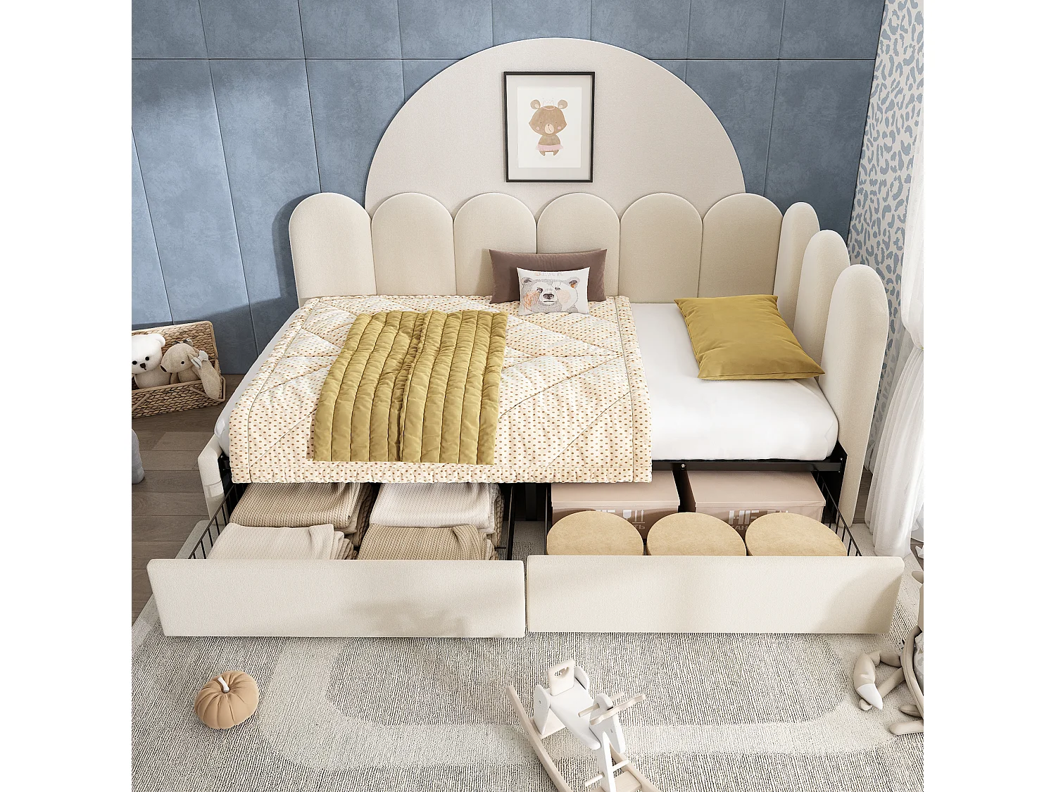 Łóżko tapicerowane dla dzieci z pojemnikiem - 90 x 190 cm - z 2 szufladami + stelaż - sofa rozkładana - aksamit - beż