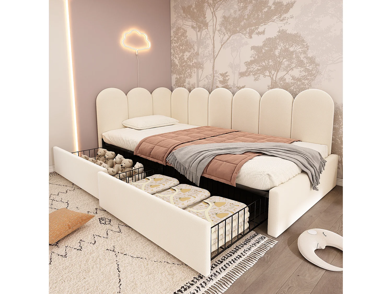 Letto contenitore imbottito per bambini - 90 x 190 cm - con 2 cassetti + rete a doghe - divano letto - velluto - beige