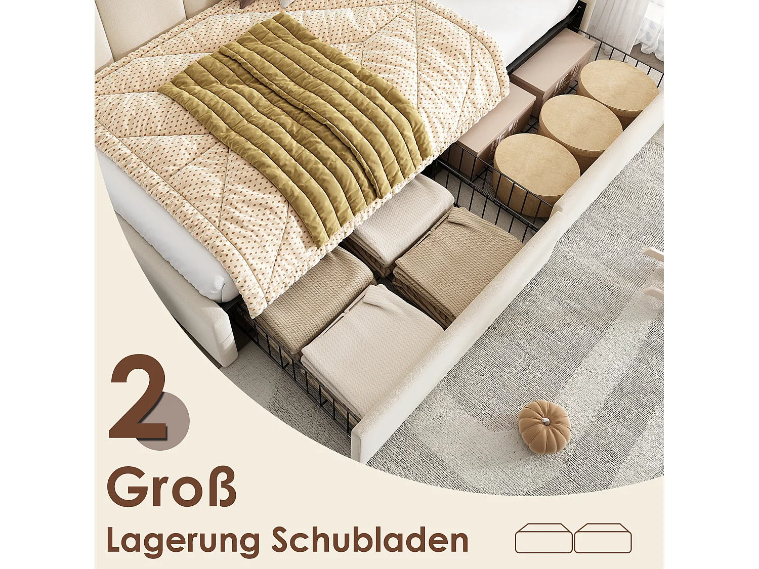 Letto contenitore imbottito per bambini - 90 x 190 cm - con 2 cassetti + rete a doghe - divano letto - velluto - beige