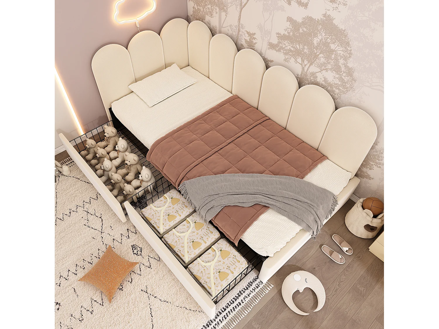 Letto contenitore imbottito per bambini - 90 x 190 cm - con 2 cassetti + rete a doghe - divano letto - velluto - beige