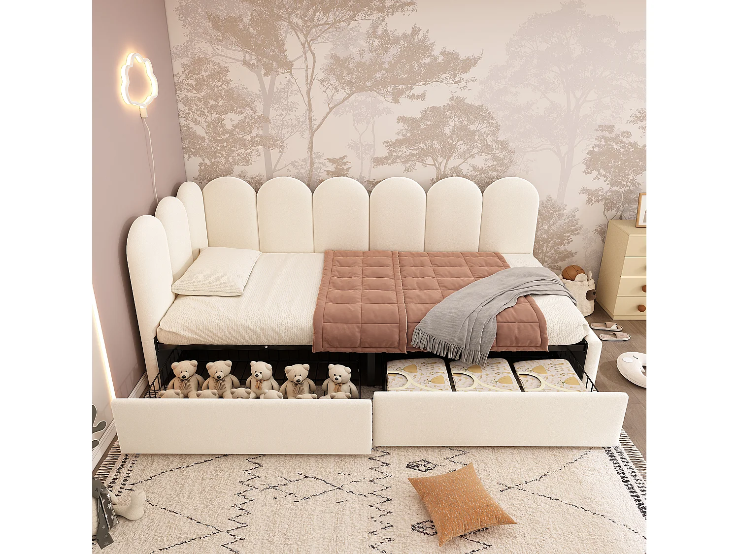 Letto contenitore imbottito per bambini - 90 x 190 cm - con 2 cassetti + rete a doghe - divano letto - velluto - beige