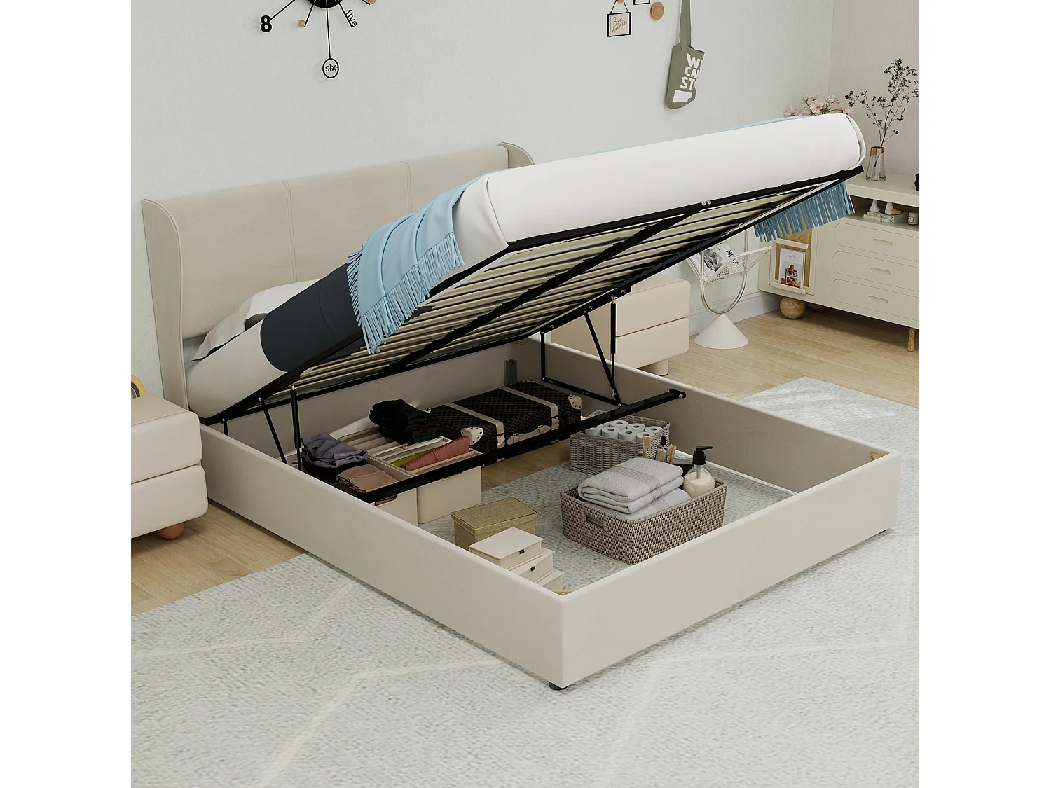 Opbergbed voor volwassenen 140x200cm - Gestoffeerd bed in beige fluweel (matras niet inbegrepen)