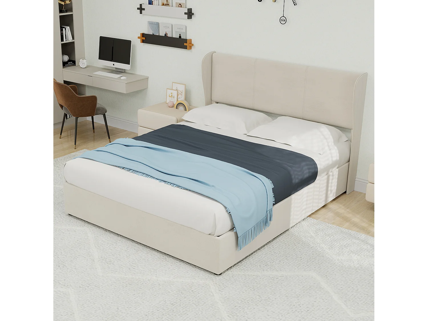 Opbergbed voor volwassenen 140x200cm - Gestoffeerd bed in beige fluweel (matras niet inbegrepen)
