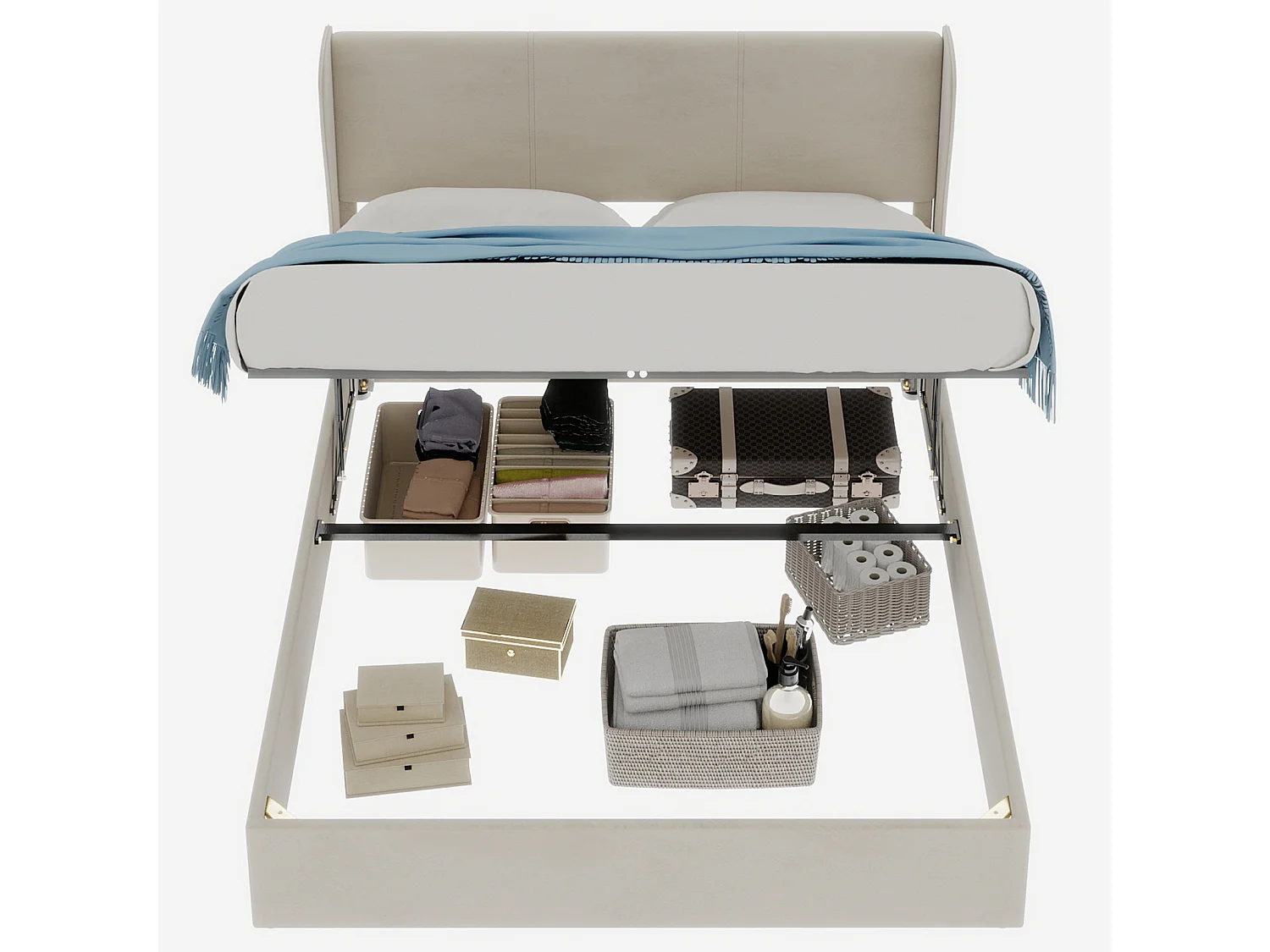 Opbergbed voor volwassenen 140x200cm - Gestoffeerd bed in beige fluweel (matras niet inbegrepen)