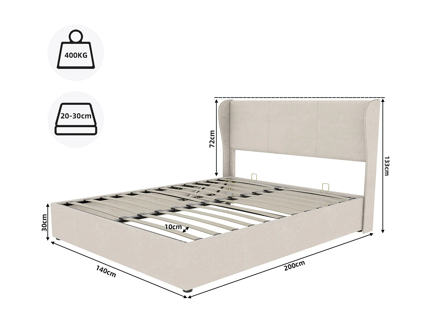 Opbergbed voor volwassenen 140x200cm - Gestoffeerd bed in beige fluweel (matras niet inbegrepen)