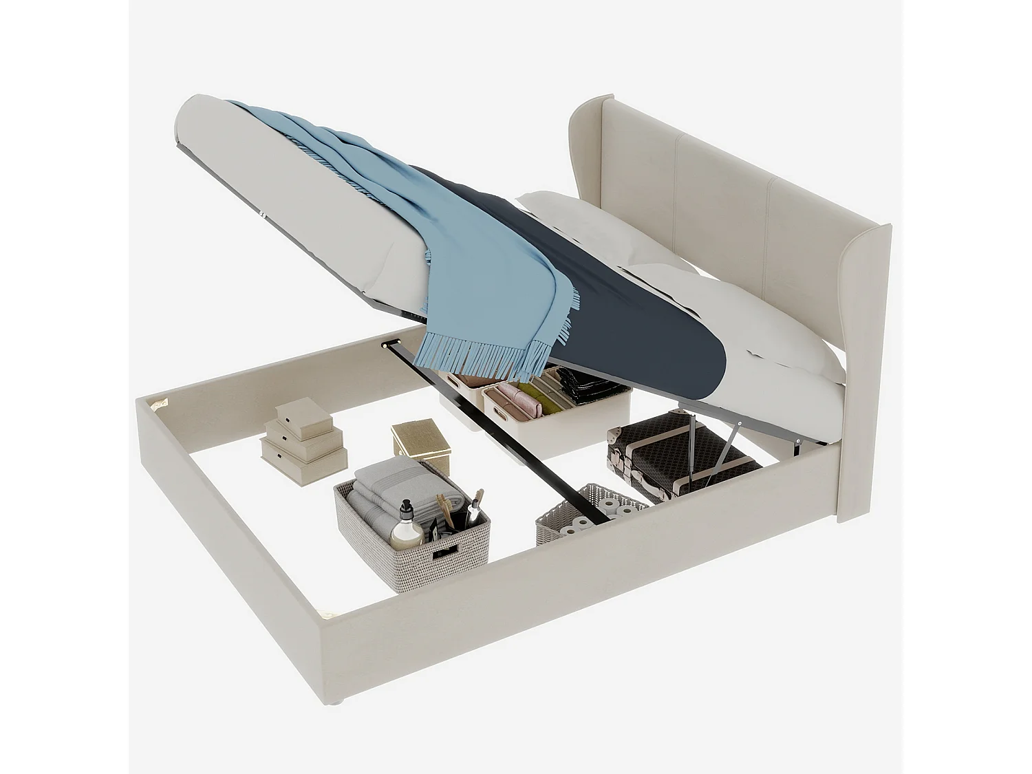 Opbergbed voor volwassenen 140x200cm - Gestoffeerd bed in beige fluweel (matras niet inbegrepen)