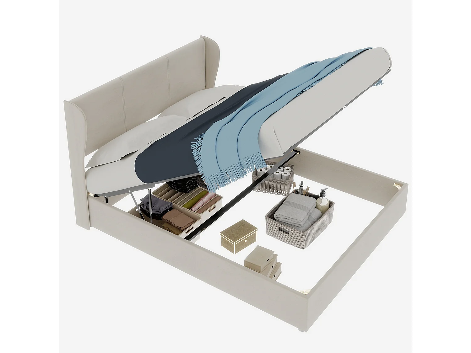 Opbergbed voor volwassenen 140x200cm - Gestoffeerd bed in beige fluweel (matras niet inbegrepen)