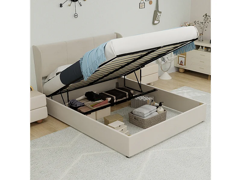 Opbergbed voor volwassenen 140x200cm - Gestoffeerd bed in beige fluweel (matras niet inbegrepen)