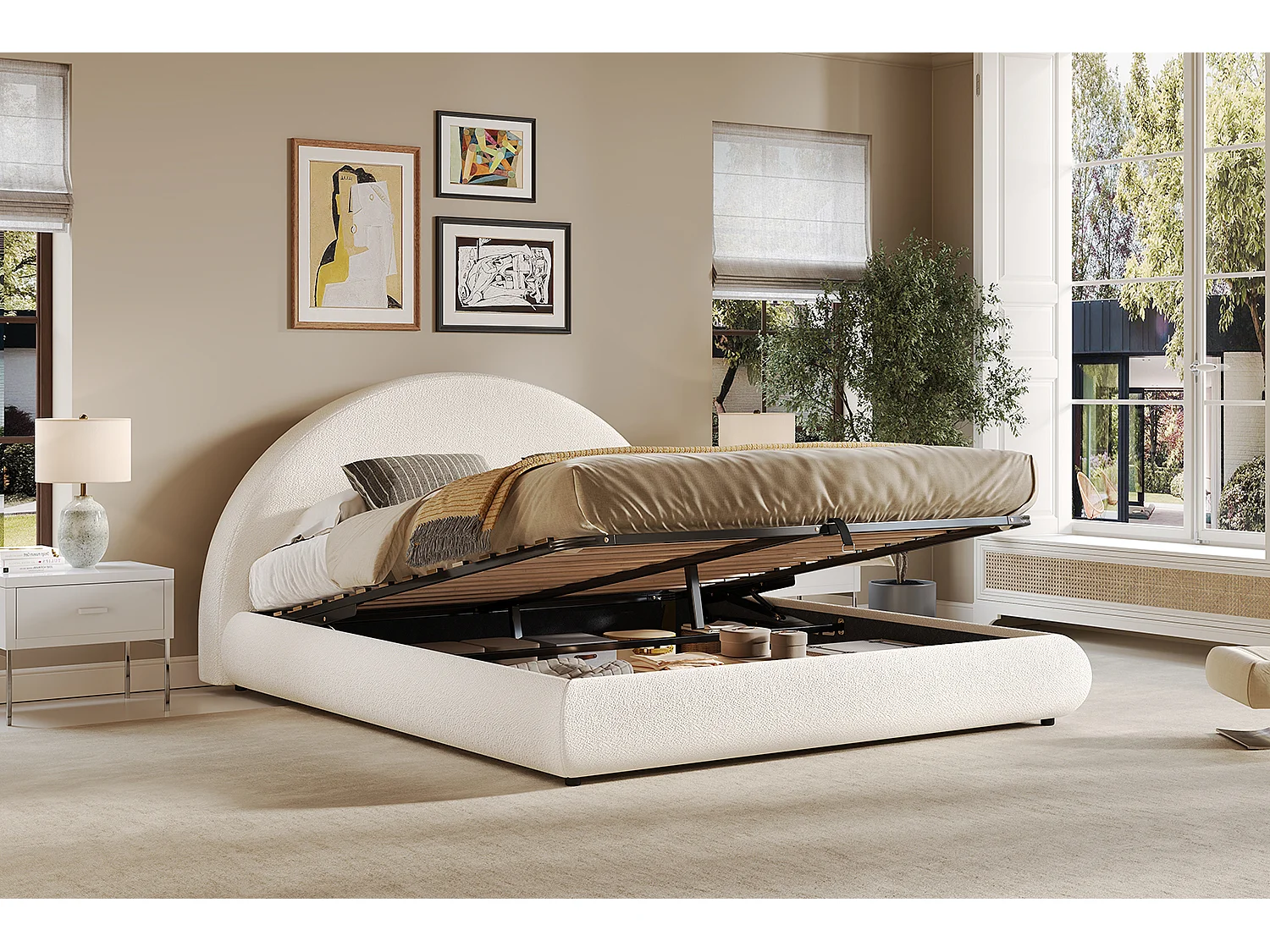 Cama de matrimonio para adultos de 180 x 200 cm con cabecero semicircular y canapé en tejido bouclé, color beige