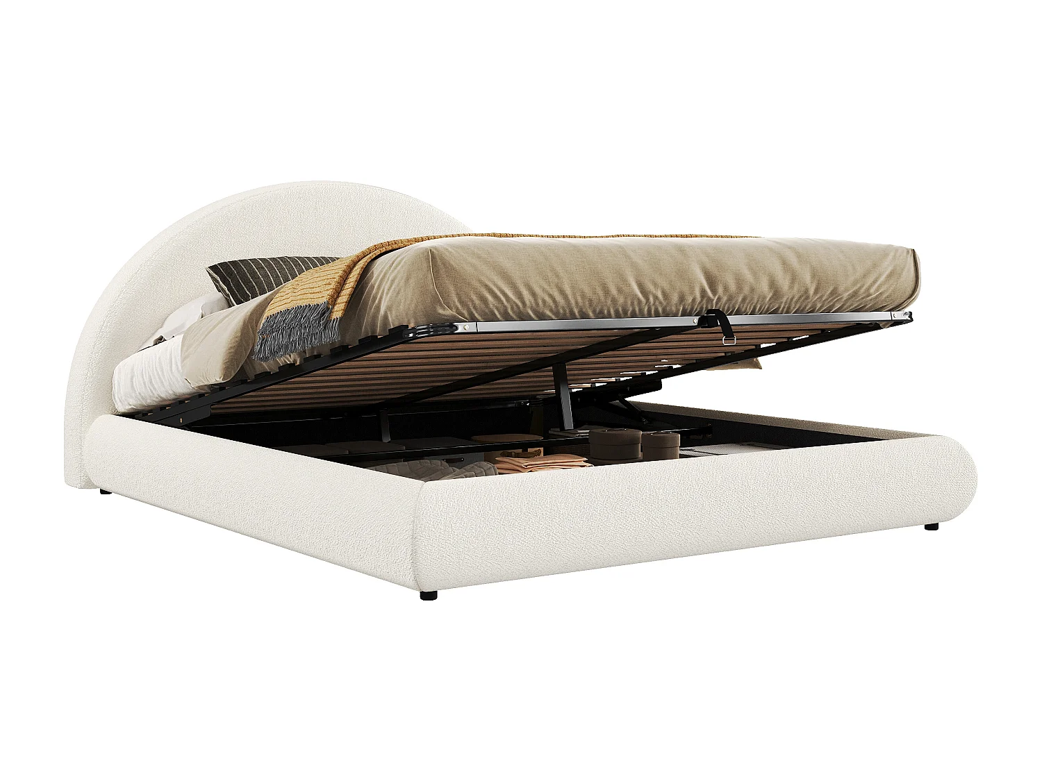 Cama de matrimonio para adultos de 180 x 200 cm con cabecero semicircular y canapé en tejido bouclé, color beige